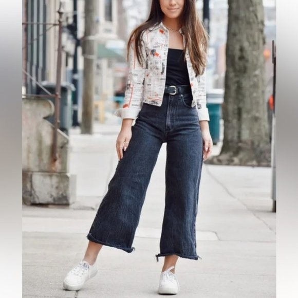 Miaou White Red Newsprint Denim cropped Jacket button front Lottery Ticket Multi - Picture 15 of 16